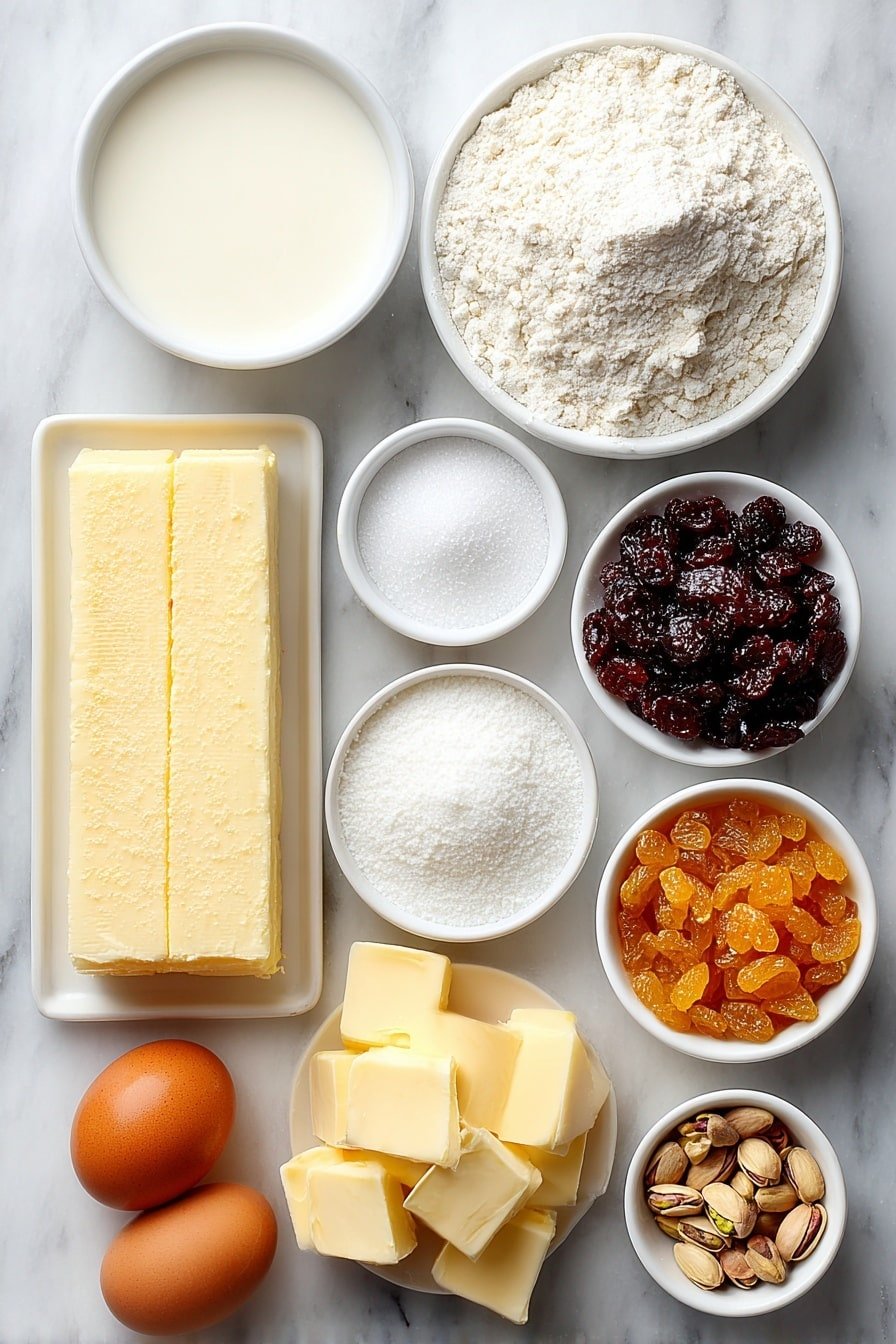 Flat lay of a small mound of all-purpose flour, a small white bowl of granulated sugar, a white bowl with fine salt crystals, a small white bowl with active dry yeast granules, a small white bowl of warm milk, a slab of unsalted butter, two whole brown eggs with clean shells, a small white bowl filled with dried cranberries, a small white bowl of shelled pistachios, and a small white bowl containing vanilla extract, all arranged in perfect symmetry on a clean white marble surface, soft natural light, photo taken with an iPhone, professional food photography style, fresh ingredients, white ceramic bowls, no bottles, no duplicates, no utensils, no packaging --ar 2:3 --v 7 --p m7354639359234015250 — Cranberry Pistachio Babka Bread Wreath, festive holiday bread, homemade babka recipe, easy bread wreath, cranberry pistachio bread